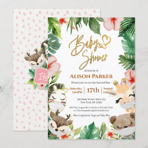 Cute Safari Pink Floral Greenery Baby Girl Shower Kaart
