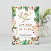 Cute Safari Pink Floral Greenery Baby shower Kaart (Staand voorkant)