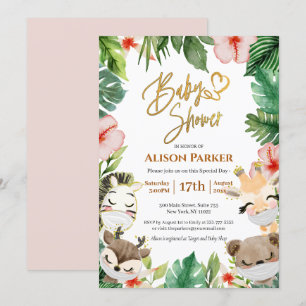 Cute Safari Roze Bloemige Groene Baby Shower Kaart