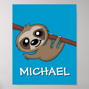 Cute Safari Sloth Cartoon Oerwoud Name Blue Zoo Poster