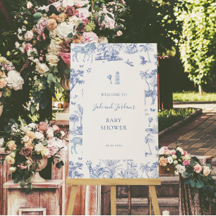 Cute Safari Toile de Jouy Blauwe baby shower Poster