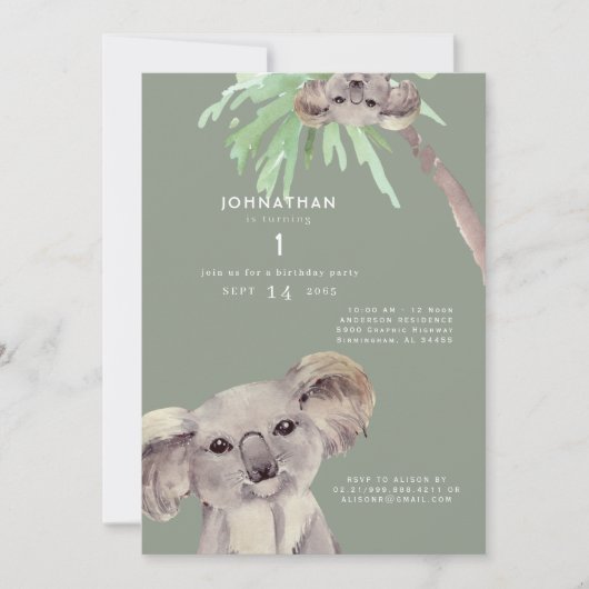 Cute Sage Koala Beer 1e verjaardag Uitnodiging (Voorkant)
