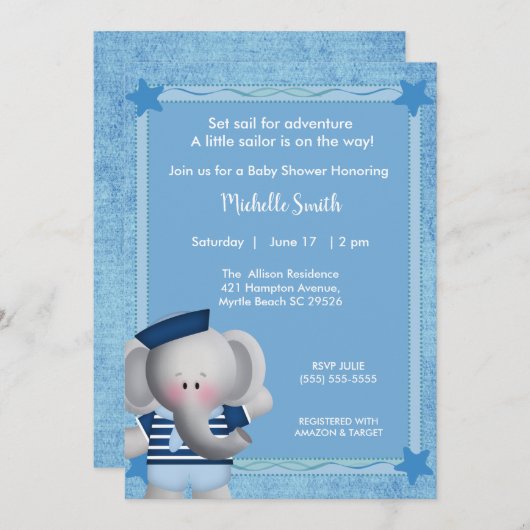 Cute Sailor Elephant Baby shower Invitation Kaart (Voorkant / Achterkant)