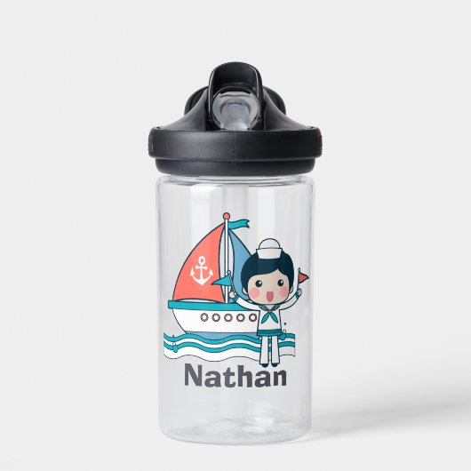 Cute Sailor en Boat Personalized Waterfles (Voorkant)