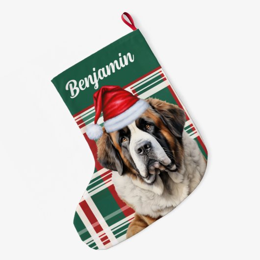 Cute Saint Bernard Dog Plaid Custom Grote Kerstsok (Achterkant (Hangend))