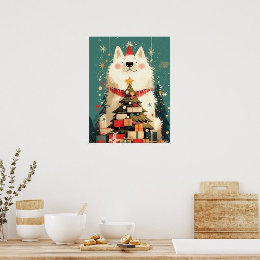 Cute Samoyed dog with Christmas Holiday Poster (Keuken)
