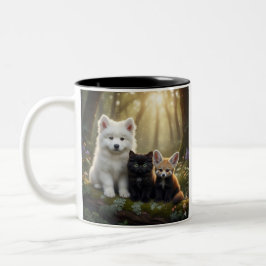  Cute Samoyed puppy and black kitten Mug Tweekleurige Koffiemok