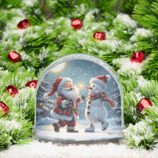 Cute Santa and snowman dancing on ice in winter 