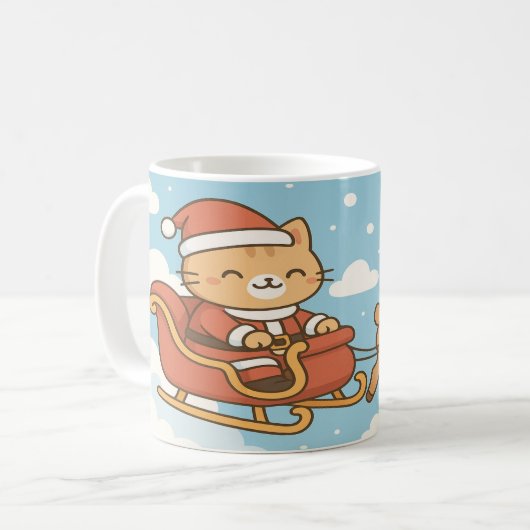 Cute Santa Cat Flying Sleigh Christmas Mug (Devant gauche)