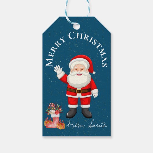 Cute Santa Claus Red Berries Blue Merry kerst Cadeaulabel (Voorkant)