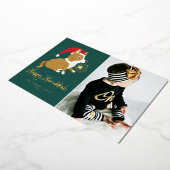 Cute Santa Corgi Foto Green Happy Hanukkah Folie Feestdagenkaart (Gedraaid)