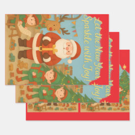 Cute Santa & Elves New Year Holiday Card Inpakpapier Vel
