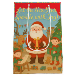 Cute Santa & Elves New Year Holiday Card Medium Cadeauzakje