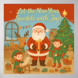 Cute Santa & Elves New Year Holiday Card Poster
