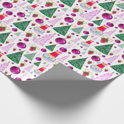 Cute Santa- en kerstbomen Waterverf Pattern Cadeaupapier (Hoek)