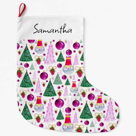 Cute Santa- en kerstbomen Waterverf Pattern Grote Kerstsok (Voorkant)