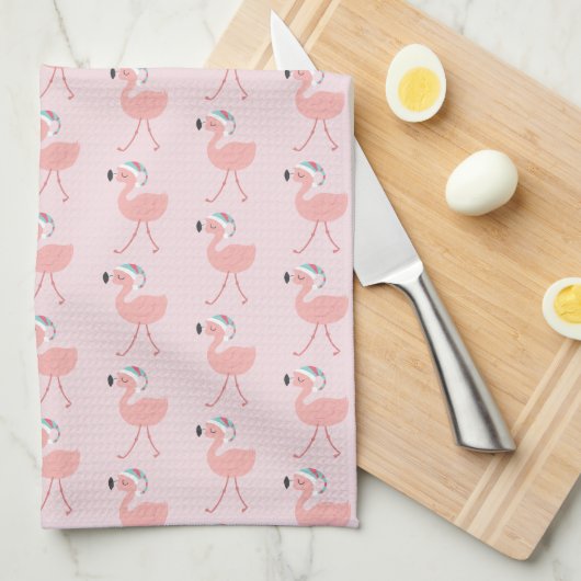Cute Santa Flamingo patroon - Roze Kerstmis Theedoek (Quarter Fold)