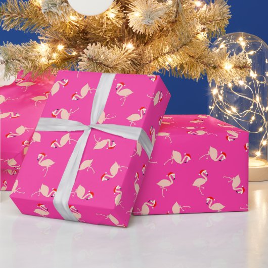 Cute Santa Flamingos Pattern Hot Pink kerst Cadeaupapier (Feestdagen)