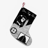 Cute santa met zak op dak zwart-wit kleine kerstsok (Voorkant (Hangend))