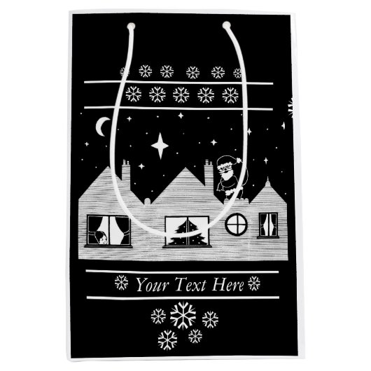 Cute santa met zak op dak zwart-wit medium cadeauzakje (Voorkant)