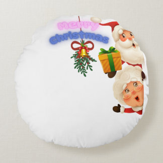 Cute Santa & Mrs. Claus Merry Christmas Greeting Rond Kussen