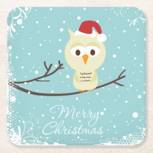 Cute Santa Owl Merry Kerstlight Blue Vierkante Kartonnen Onderzetter