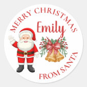 Cute Santa Red Berries Bell Name Merry Kerstry Ronde Sticker (Voorkant)