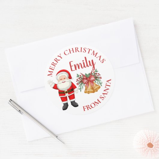 Cute Santa Red Berries Bell Name Merry Kerstry Ronde Sticker (Envelop)