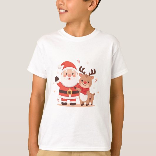 Cute Santa & Reindeer Christmas T-Shirt (Devant)