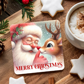Cute Santa Rudolph Xmas Coaster Kids Cartoon Art Vierkante Kartonnen Onderzetter