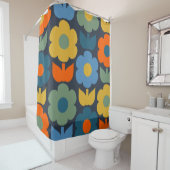 Cute Scandi Retro Modern Floral Pattern Blue Douchegordijn (In situ)