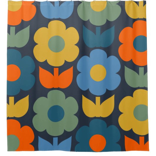 Cute Scandi Retro Modern Floral Pattern Blue Douchegordijn (Voorkant)