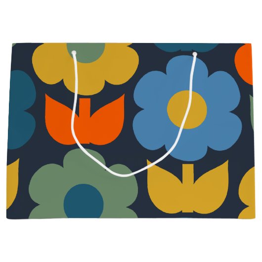 Cute Scandi Retro Modern Floral Pattern Blue Groot Cadeauzakje (Voorkant)