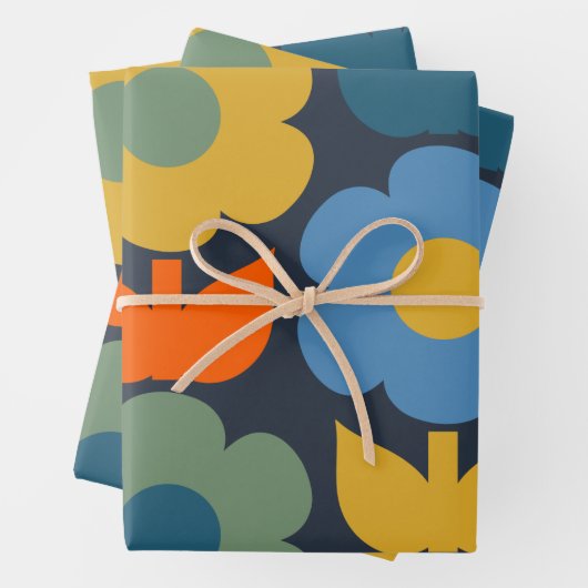 Cute Scandi Retro Modern Floral Pattern Blue Inpakpapier Vel (In situ)
