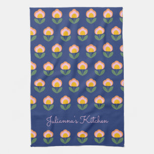 Cute Scandinavian Blue Flower Pattern Monogramed Theedoek