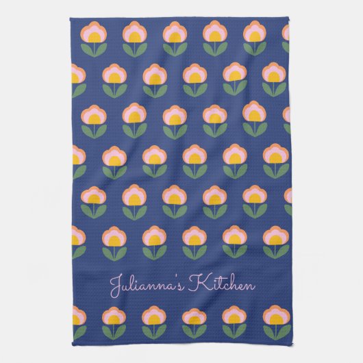 Cute Scandinavian Blue Flower Pattern Monogramed Theedoek (Verticaal)