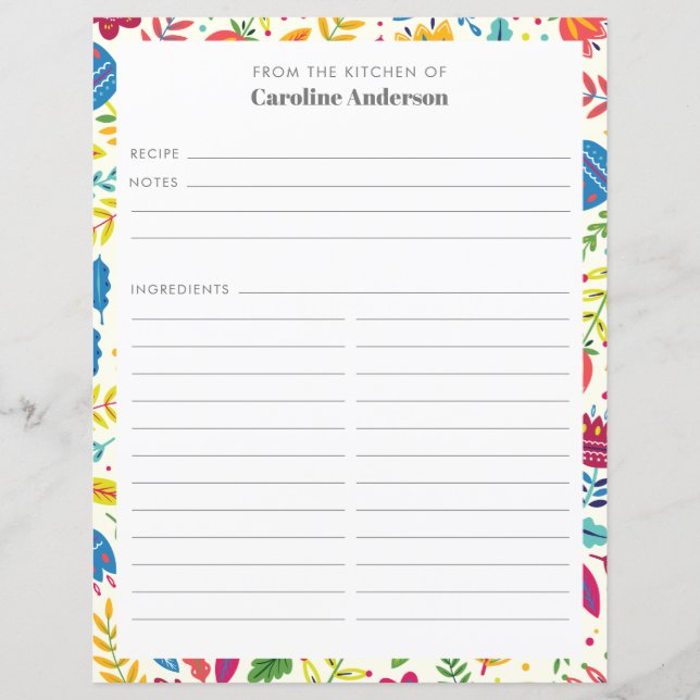 Cute Scandinavian Floral Personalised Recipe Page (Voorkant)