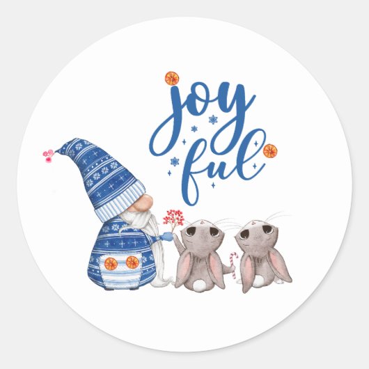 Cute Scandinavian Gnome with Bunnies Joyful Ronde Sticker (Voorkant)