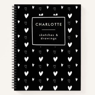 Cute Scandinavian Heart Pattern Black Personalized Notitieboek