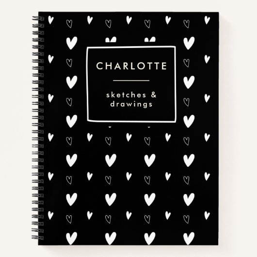 Cute Scandinavian Heart Pattern Black Personalized Notitieboek (Voorkant)