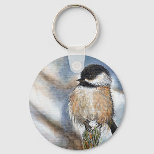Cute Schattig Chickadee Winter Painting Sleutelhanger