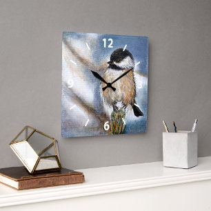 Cute Schattig Chickadee Winter Painting Vierkante Klok