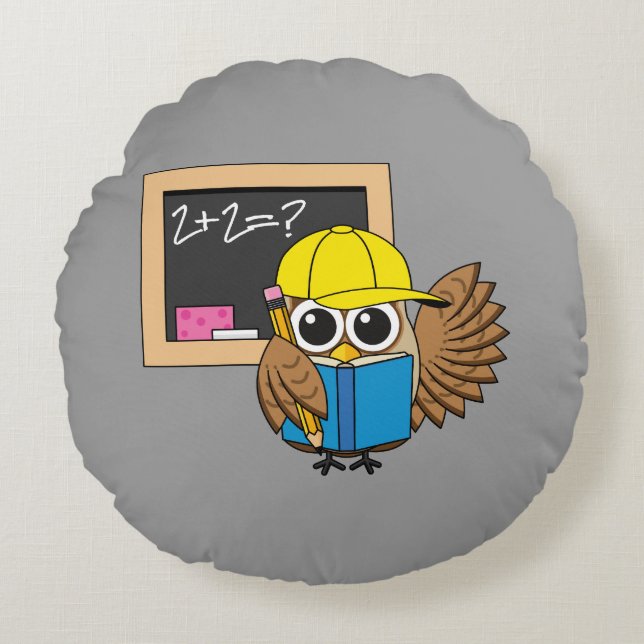 Cute School Student Owl Cartoon Rond Kussen (Voorkant)