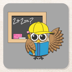 Cute School Student Owl Cartoon Vierkante Kartonnen Onderzetter