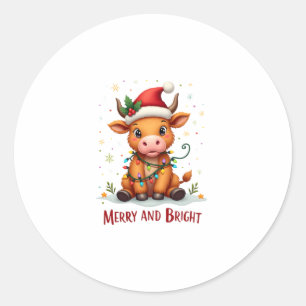 Cute Schotse Baby Koe Kerstverlichting Merry & Br Ronde Sticker