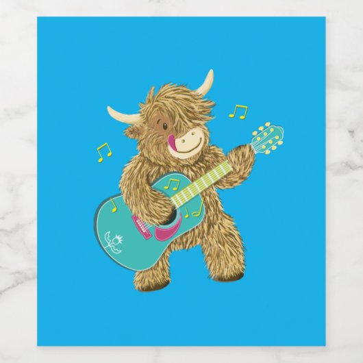 Cute Scottish Highland Koe Plays Guitar Wijn Etiket (Enkel label)