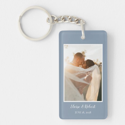 Cute Script Dusty Blue Wedding Jubileum Foto Sleutelhanger (Voorkant)