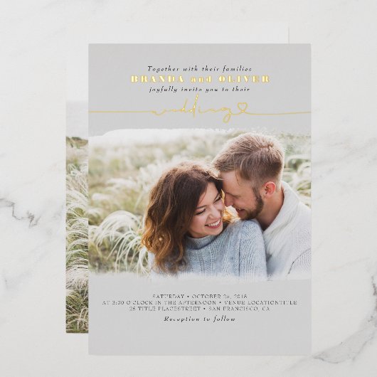 Cute Script Elegant Photo Overlay Gray Weddenschap Folie Uitnodiging (Voorkant / Achterkant)