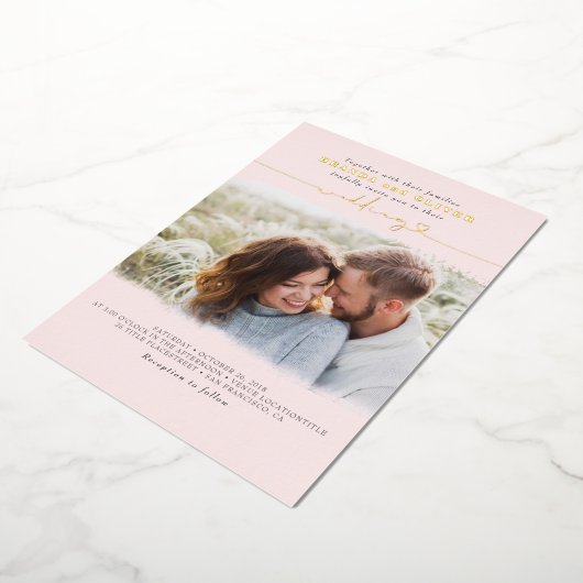 Cute Script Elegant Photo Overlay Pink Weddenschap Folie Uitnodiging (Gedraaid)