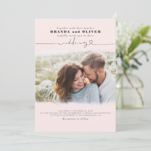Cute Script Elegant Photo Overlay Pink Weddenschap Kaart (Staand voorkant)